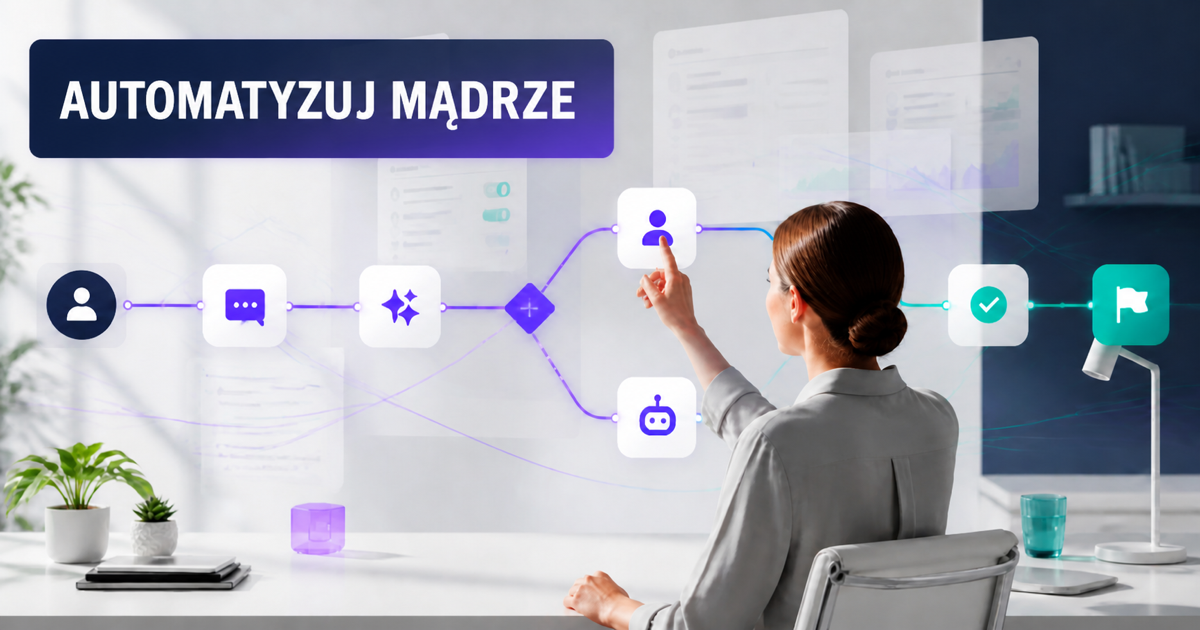 Specjalistka projektuje automatyczny przepływ obsługi klienta łączący kontakt, wiadomość, decyzję i zakończenie procesu.